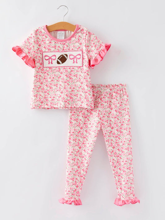 Football Smocking Bow Embroidered Girls Ruffle Outfit Set