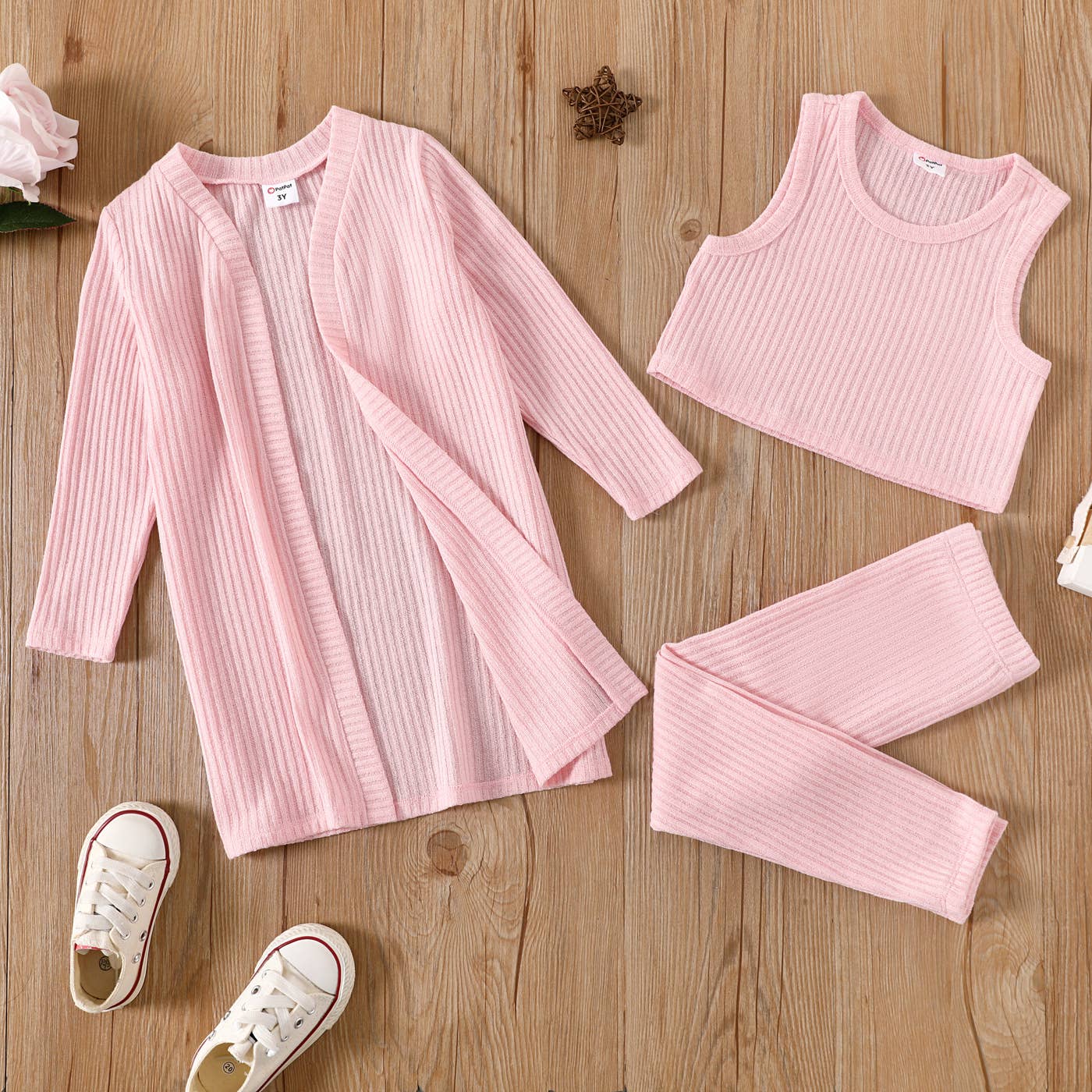 3pcs Toddler Girl Solid Color Ribbed Set