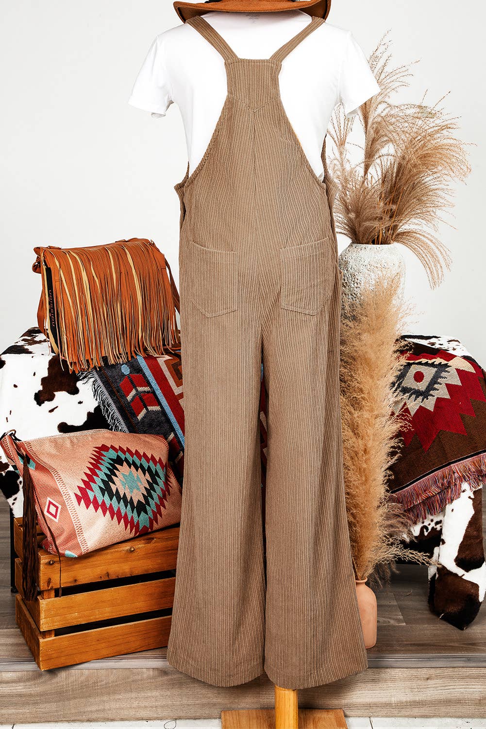 Fashion-W Fall Solid Pocketed Loose Fit Corduroy Overall