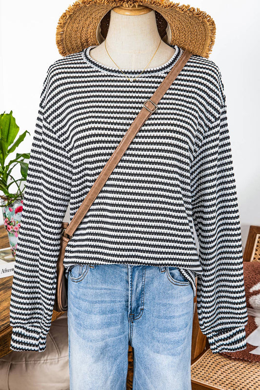 Fall Stripe Round Neck Drop Shoulder Long Sleeve Top*S-3XL