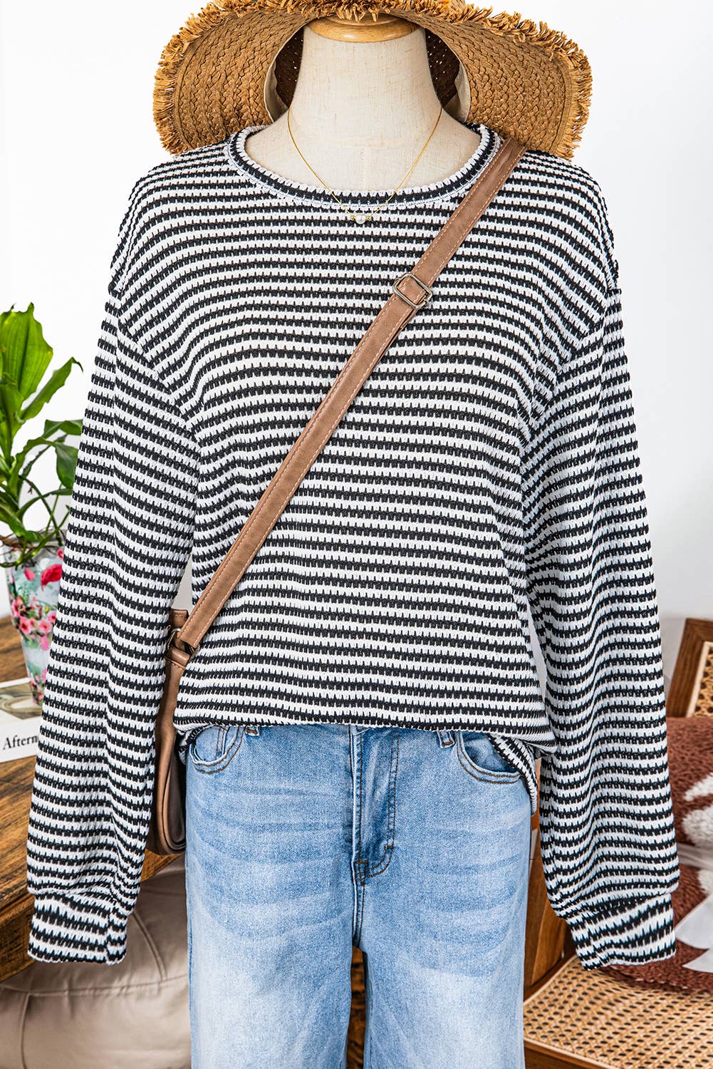 Fall Stripe Round Neck Drop Shoulder Long Sleeve Top*S-3XL