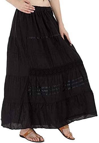 Womens Cotton Lace & Ribbon Tier Boho Long Maxi Skirt Black