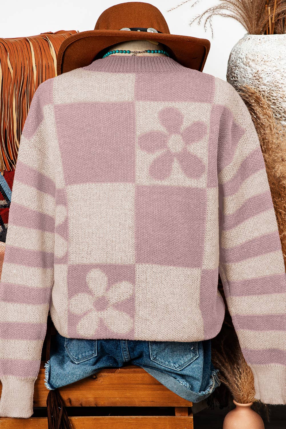 Fashion-W Fall Checker Floral Stripe Sweater*S-2XL