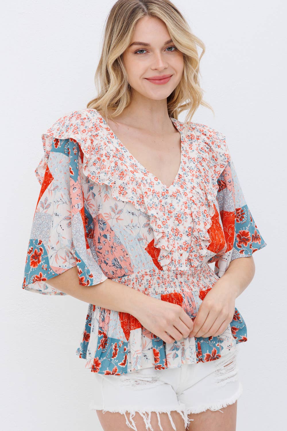 31693T - Floral Smocked Waist Ruffle Blouse Button Detail