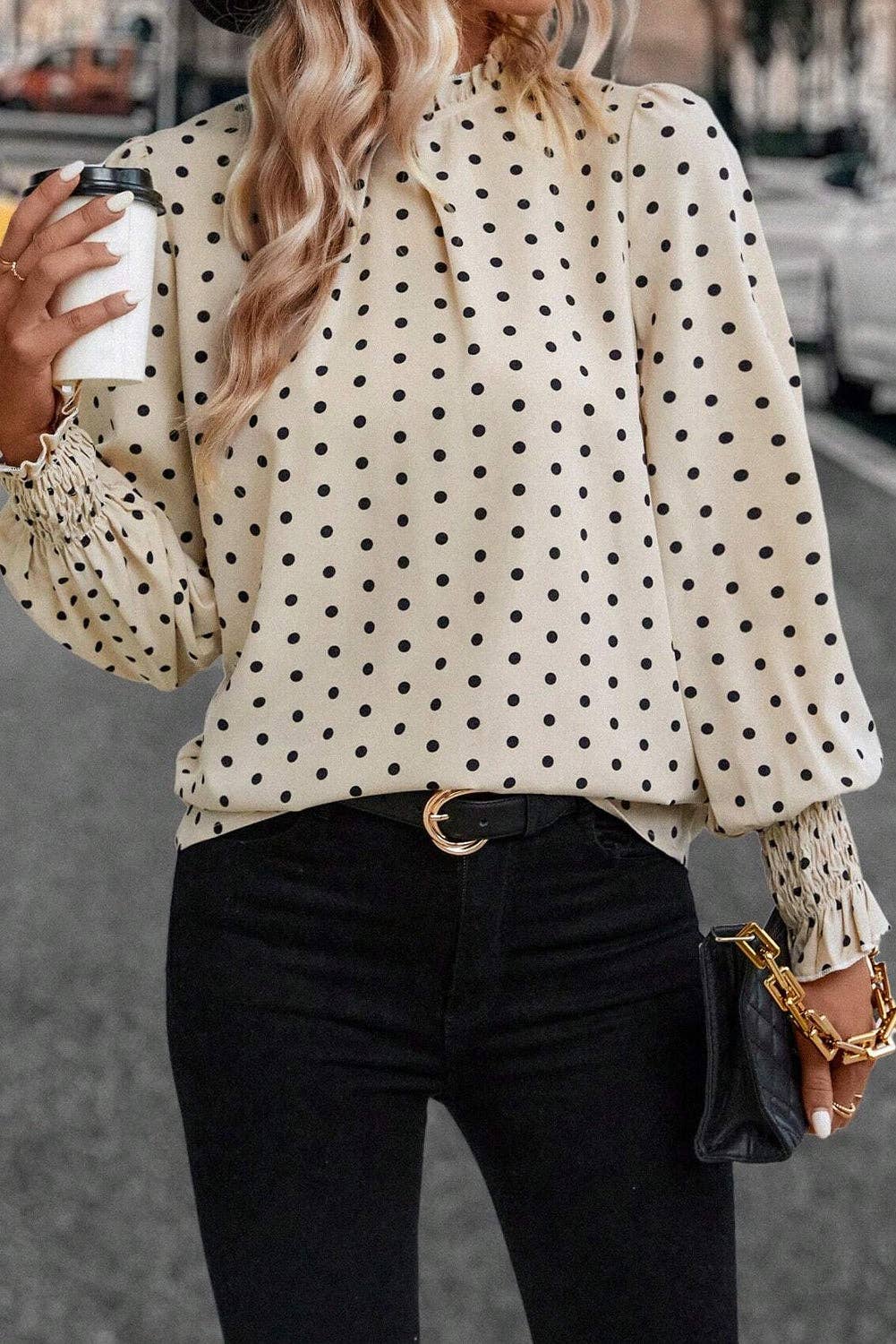Polka Dot Lantern Sleeve Blouse