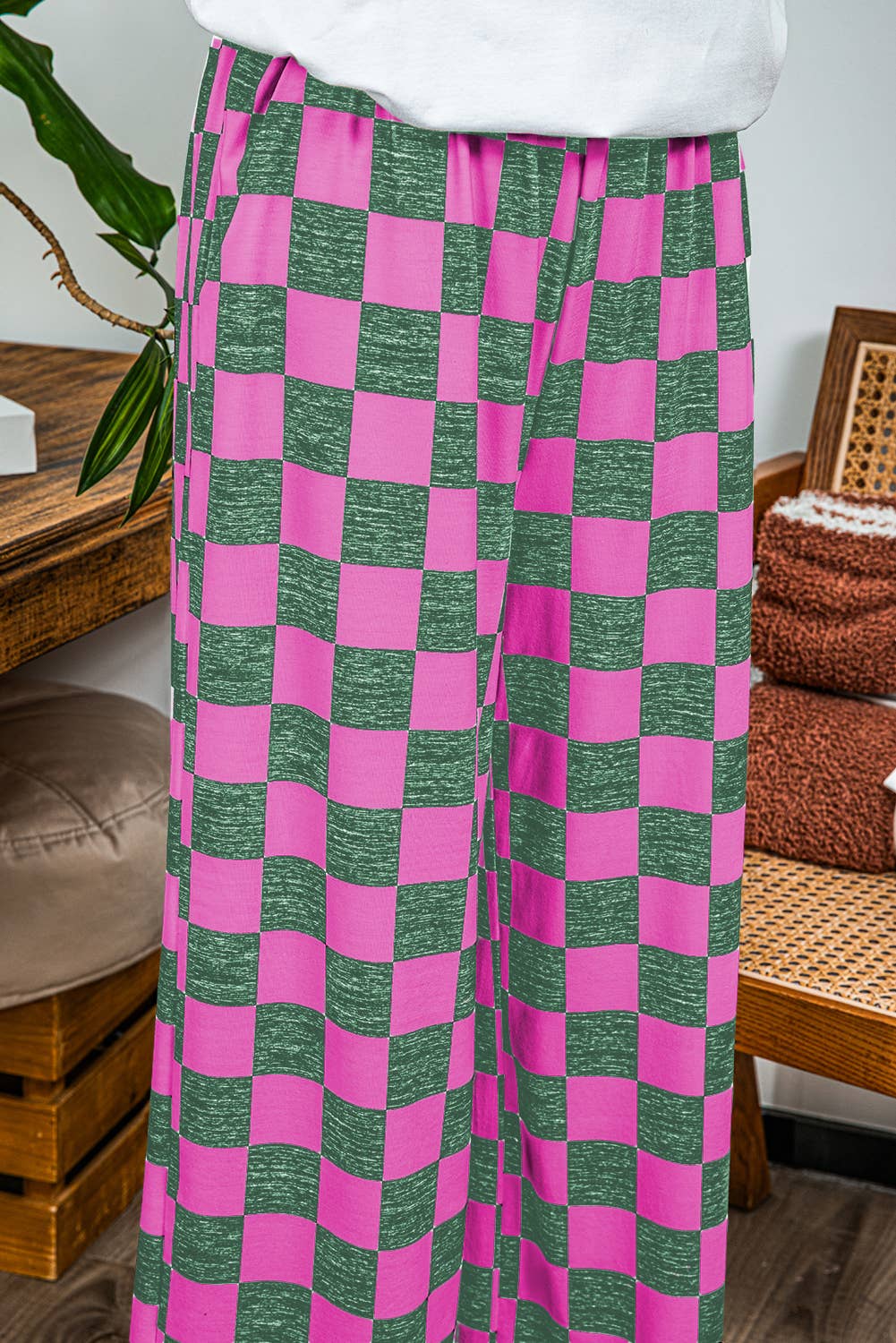 Fashion-W 2-Tone Checked Print High Waist Wide Leg Pants