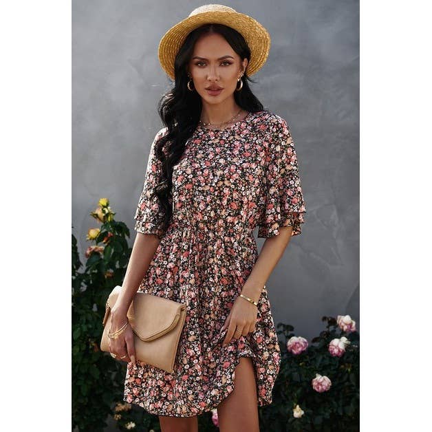 Crew Neck Half Sleeve Flower Dress-