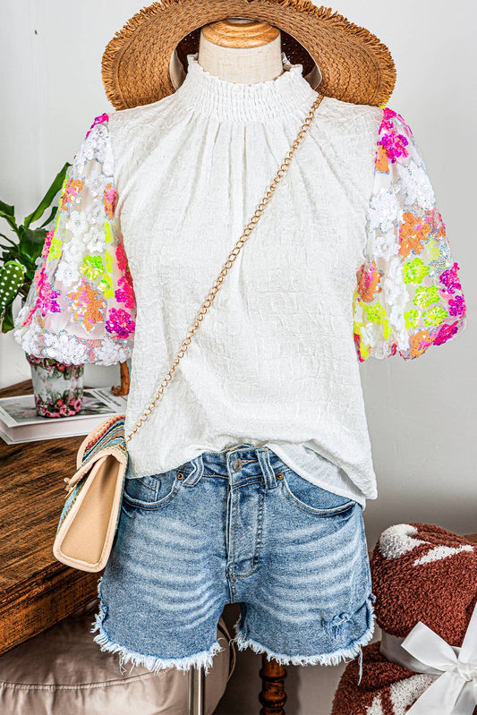 Fashion-W Smocked Collar Sequin Flower Textured Top