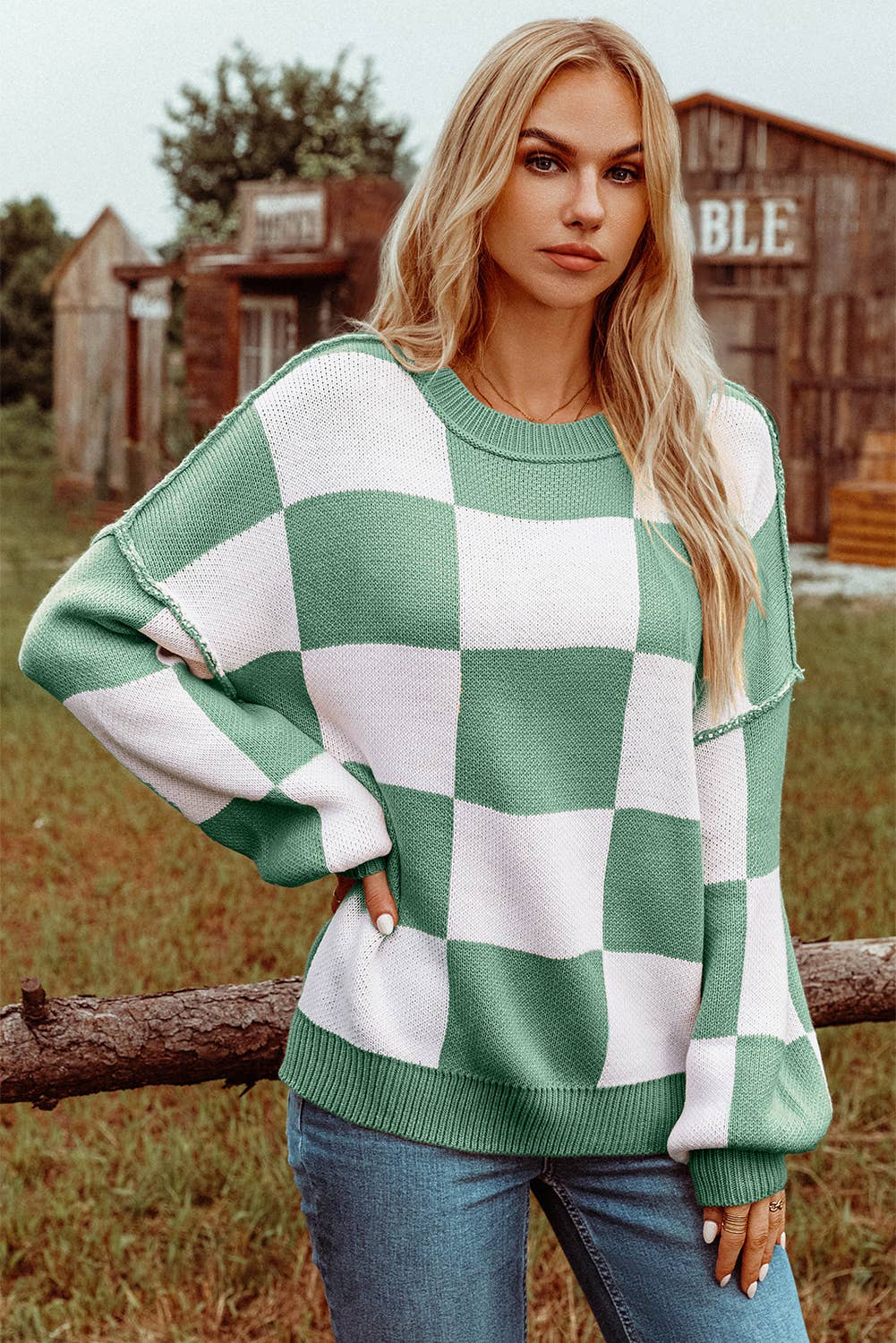 Fashion-W Checkered Bishop Sleeve Sweater*S-2XL