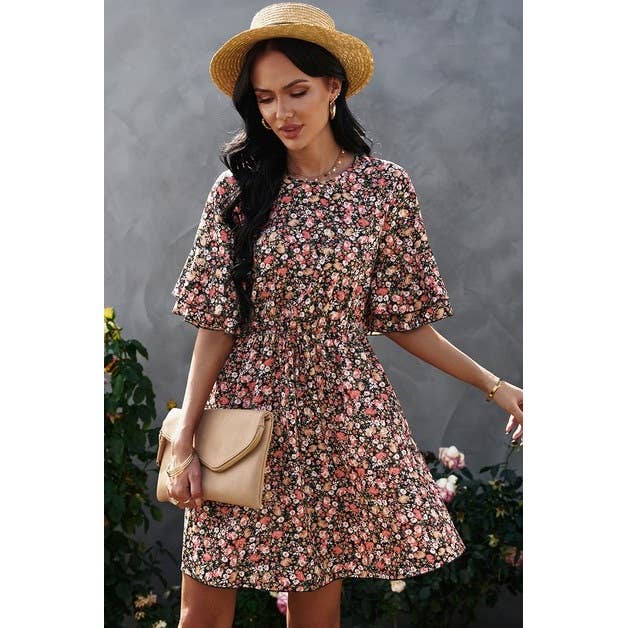 Crew Neck Half Sleeve Flower Dress-