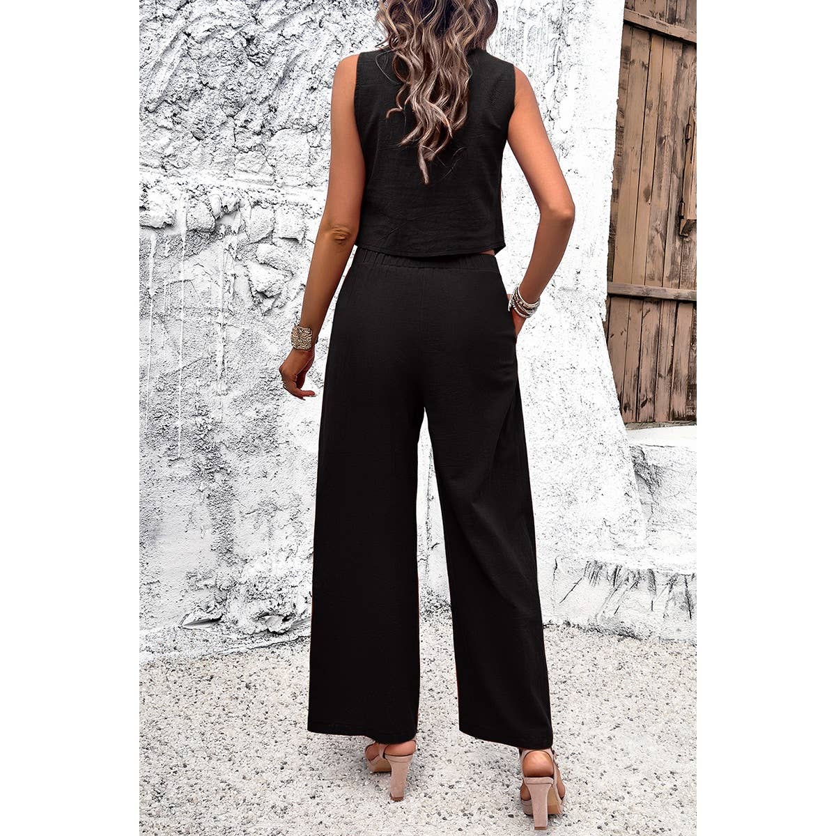 Sleeveless Button Deep V Neck Pockets Solid Sets