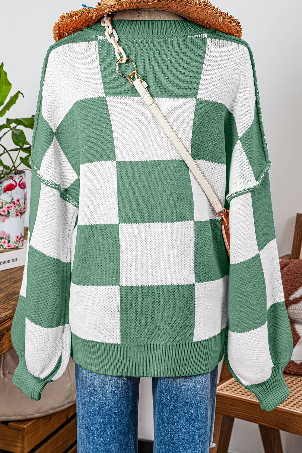 Fashion-W Checkered Bishop Sleeve Sweater*S-2XL