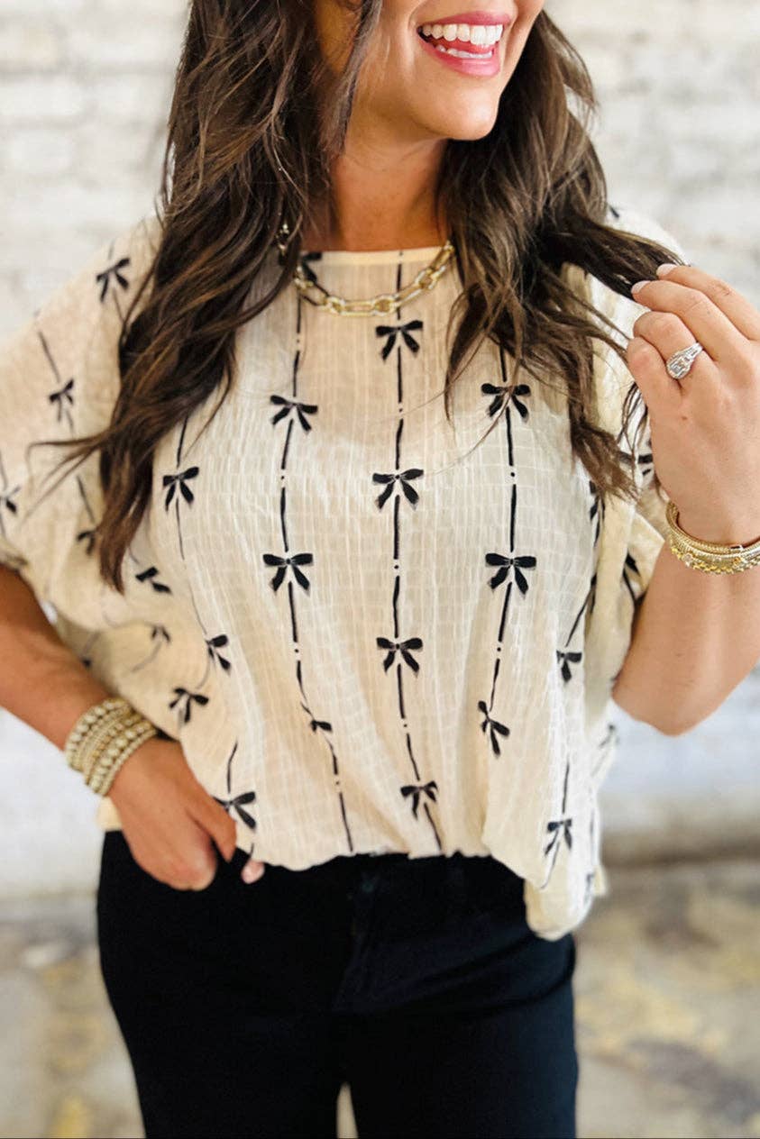 Bow Textured Puff Sleeve Top