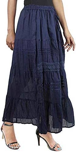 Womens Cotton Lace & Ribbon Tier Boho Long Maxi Skirt Navy