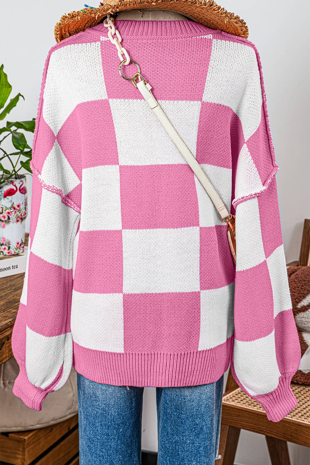 Fashion-W Checkered Bishop Sleeve Sweater*S-2XL