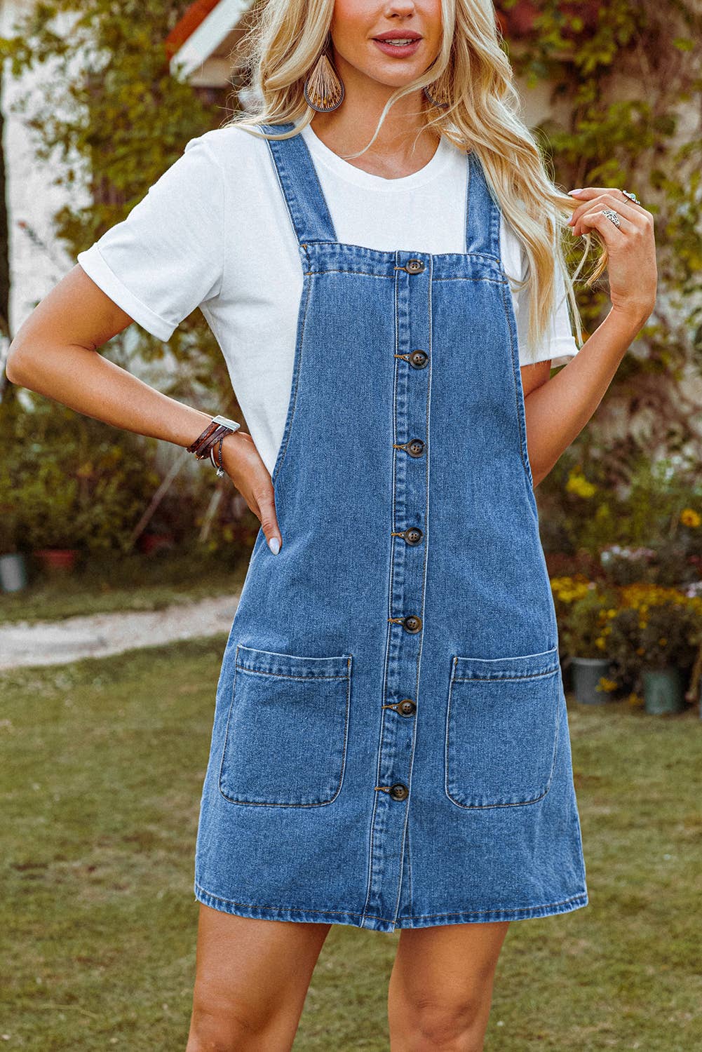 Western Wide Strap Button Front Pocketed Denim Mini Dress