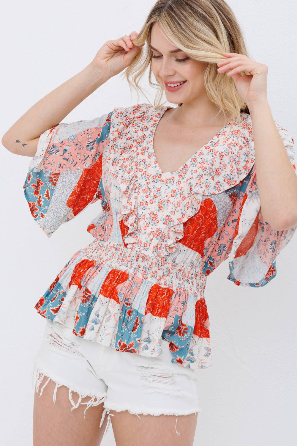 31693T - Floral Smocked Waist Ruffle Blouse Button Detail