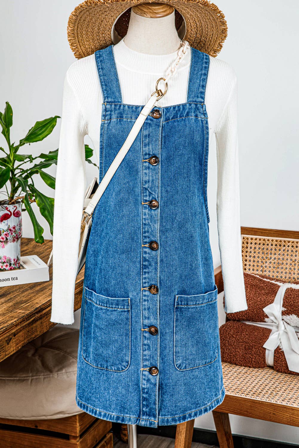 Western Wide Strap Button Front Pocketed Denim Mini Dress