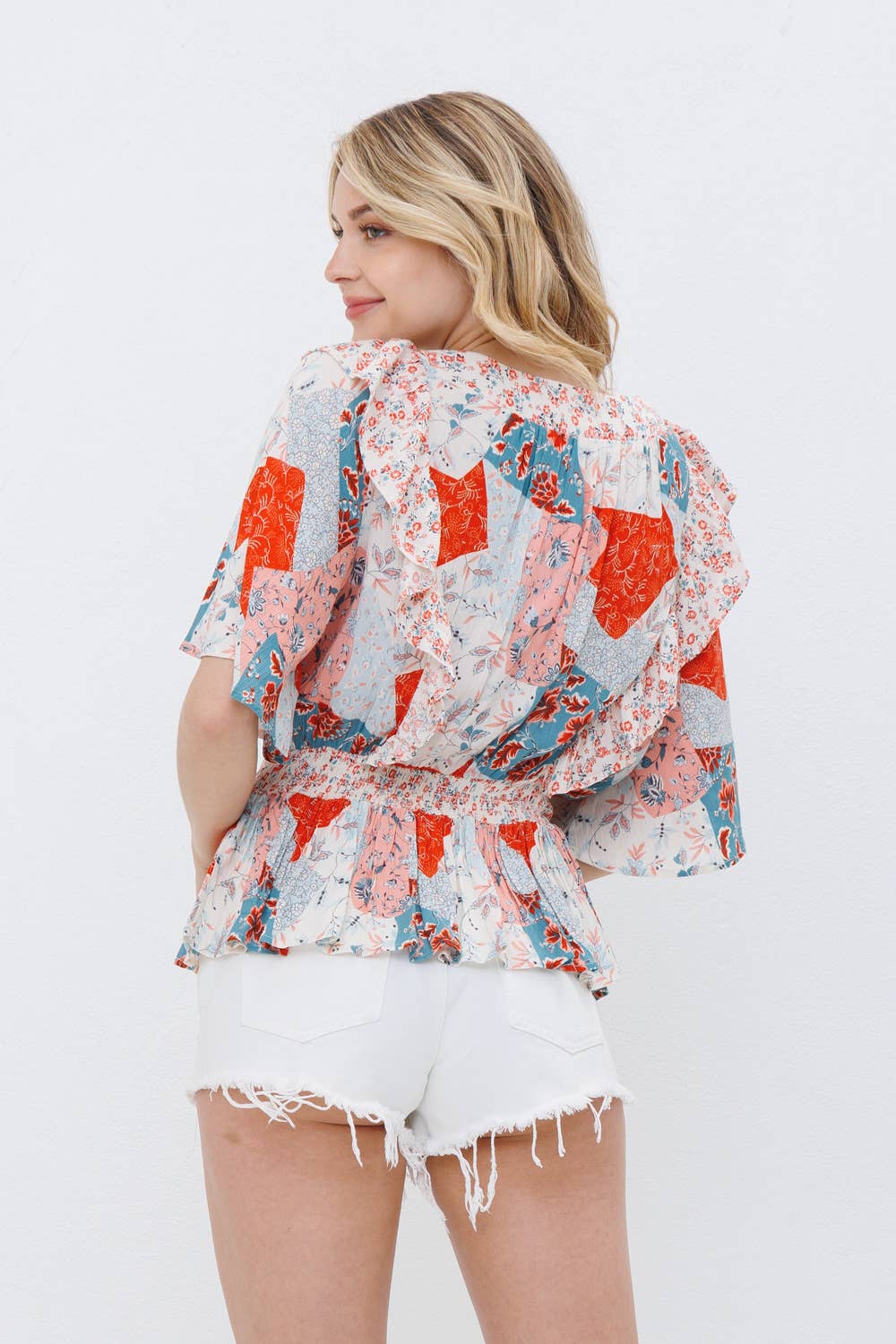 31693T - Floral Smocked Waist Ruffle Blouse Button Detail