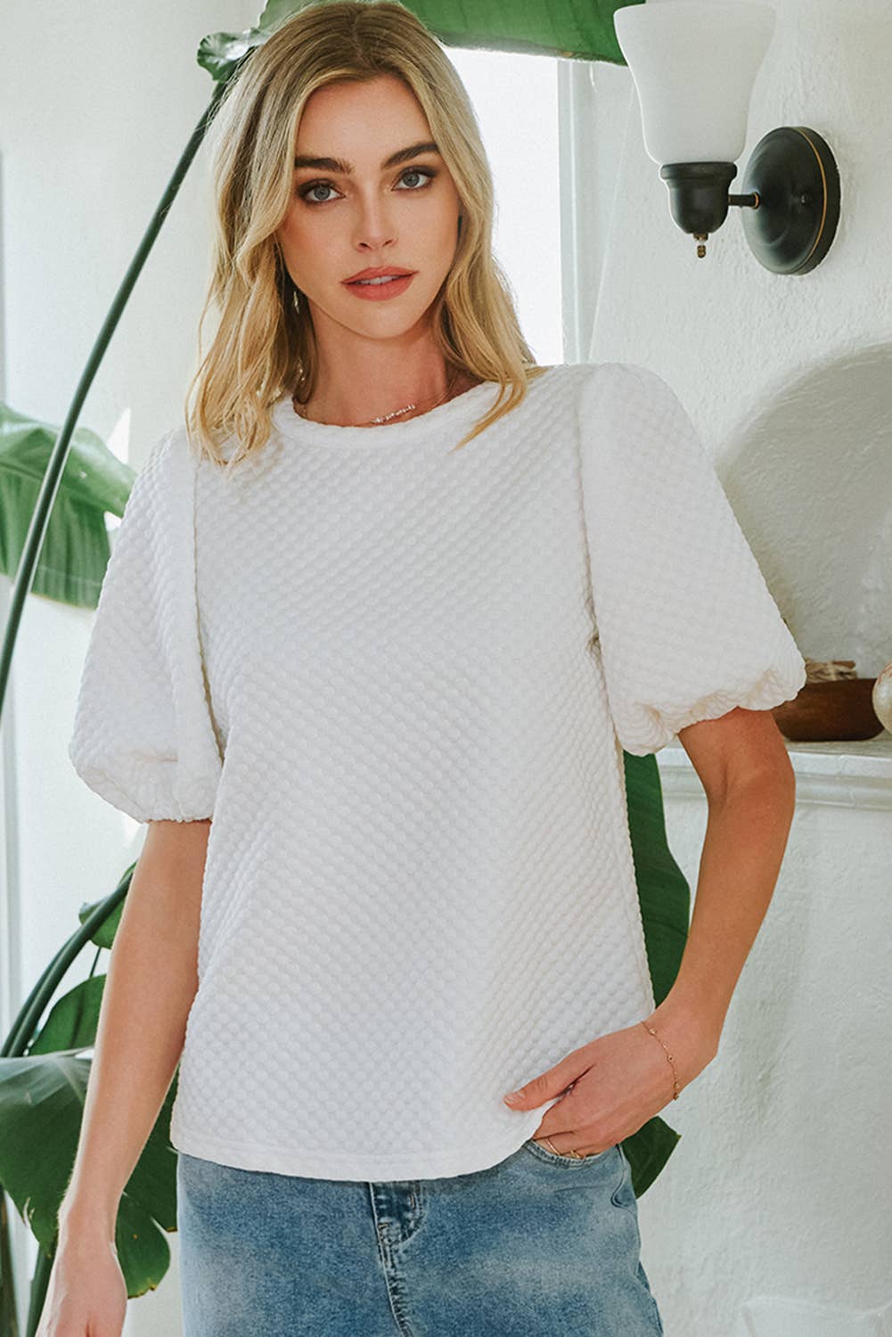 Fashion-W Textured O Neck Puff Sleeve Blouse