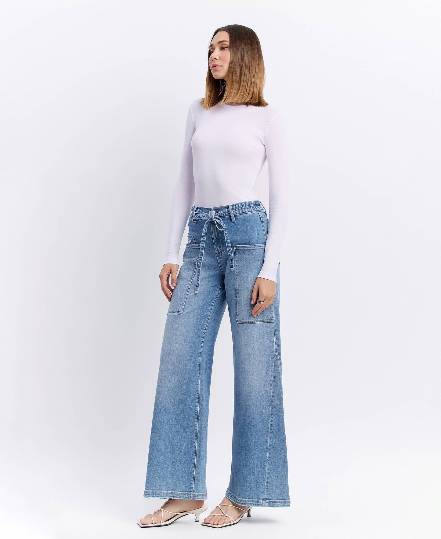 HIGH RISE ELASTIC TIE WAISTBAND BAGGY WIDE JEANS F5955