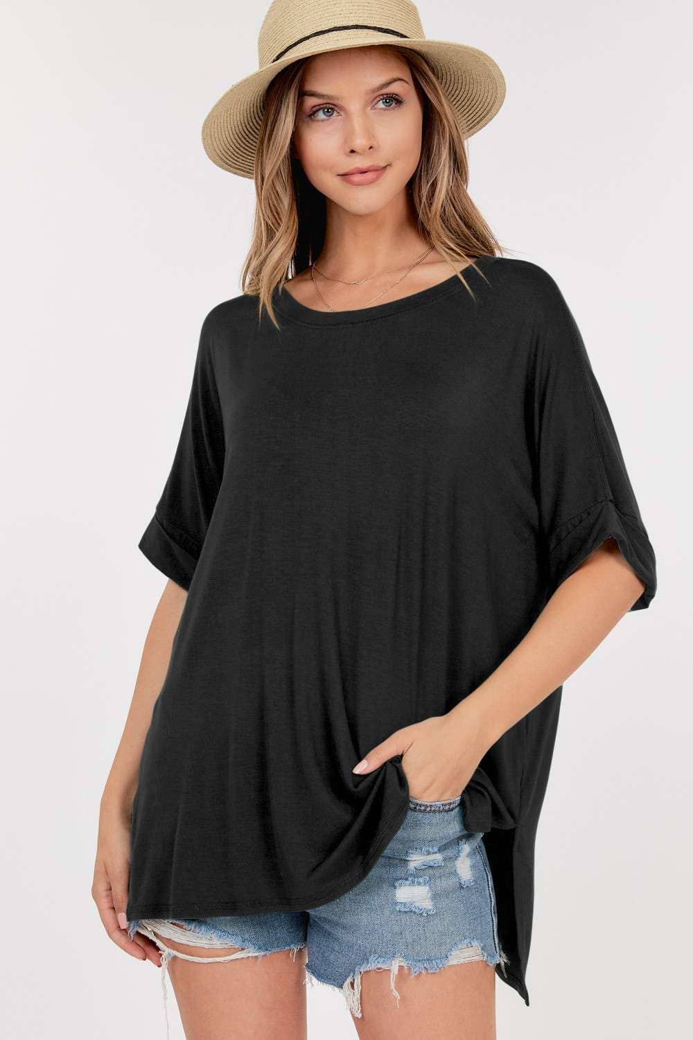 Rolled Short Sleeve Round Neck Top