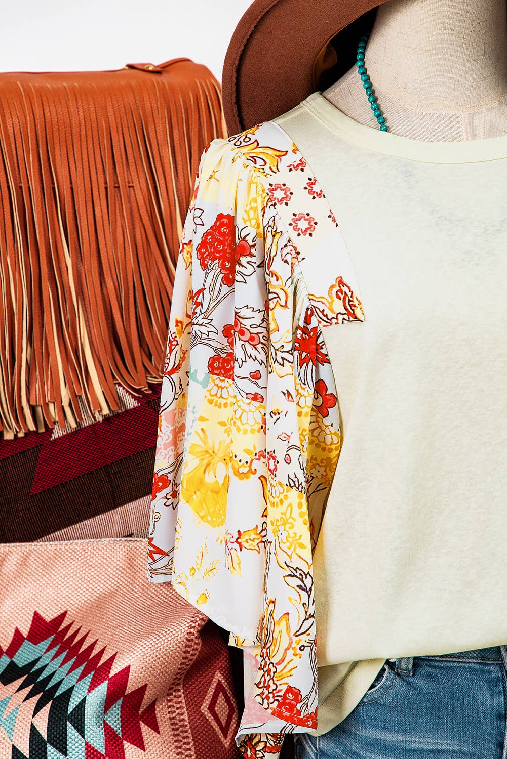 Fashion-W Floral Patchwork Half Batwing Sleeve Blouse