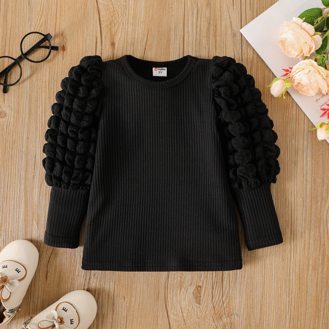 Girl Textured Ribbed Long Puff-sleeve Solid Color Tee