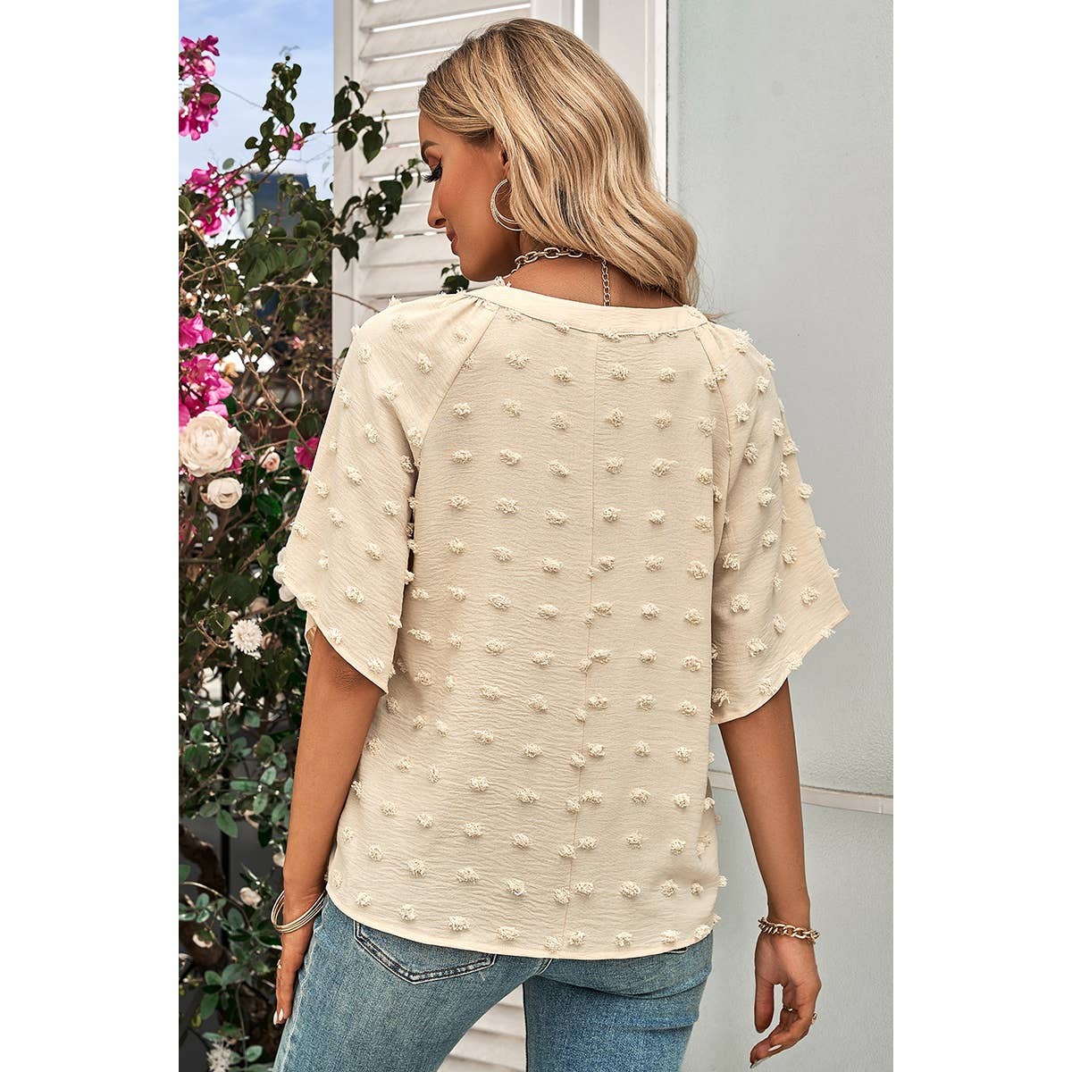 Solid Polk Dot V Neck Loose Fit Top