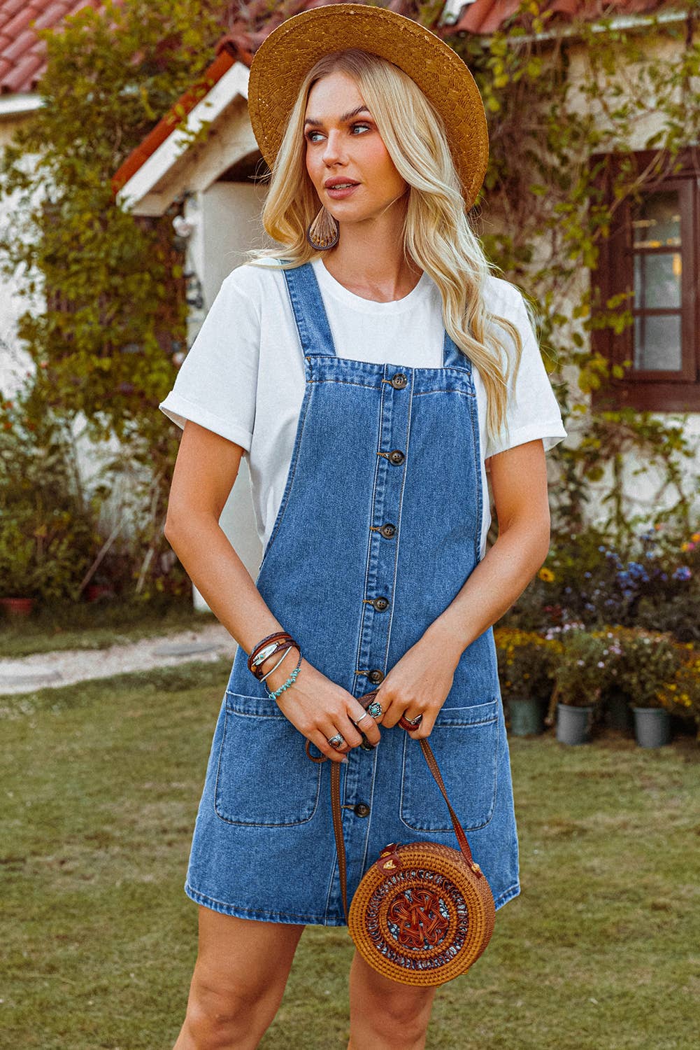 Western Wide Strap Button Front Pocketed Denim Mini Dress