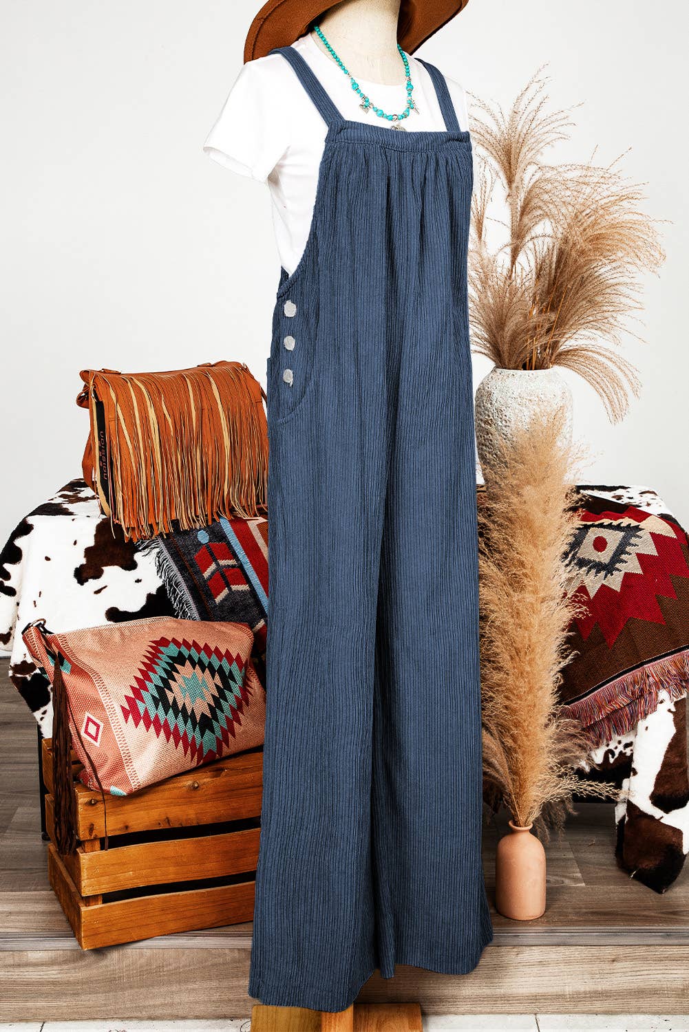 Fashion-W Fall Solid Pocketed Loose Fit Corduroy Overall