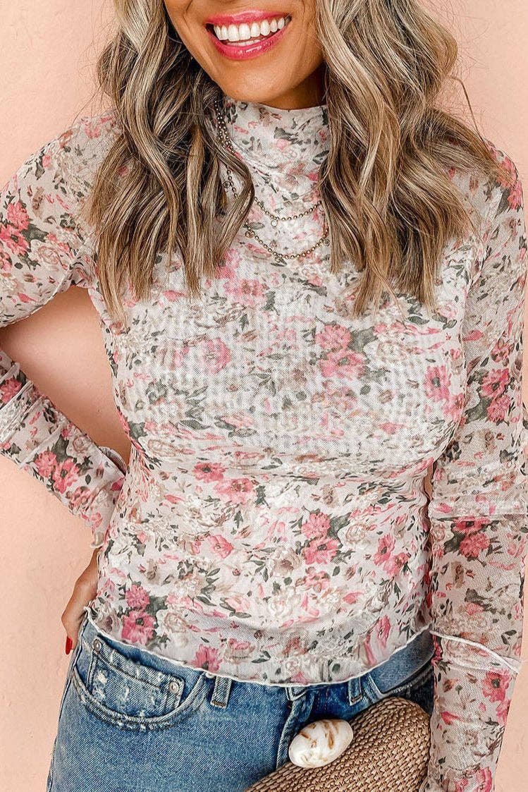 Floral Mesh Long Sleeve Blouse