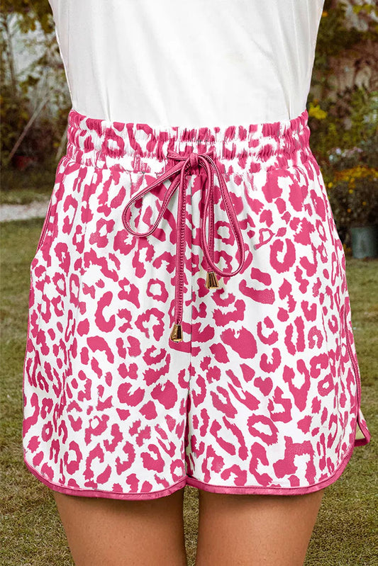 Leopard Elastic Waist Lace up Contrast Trim Casual Shorts
