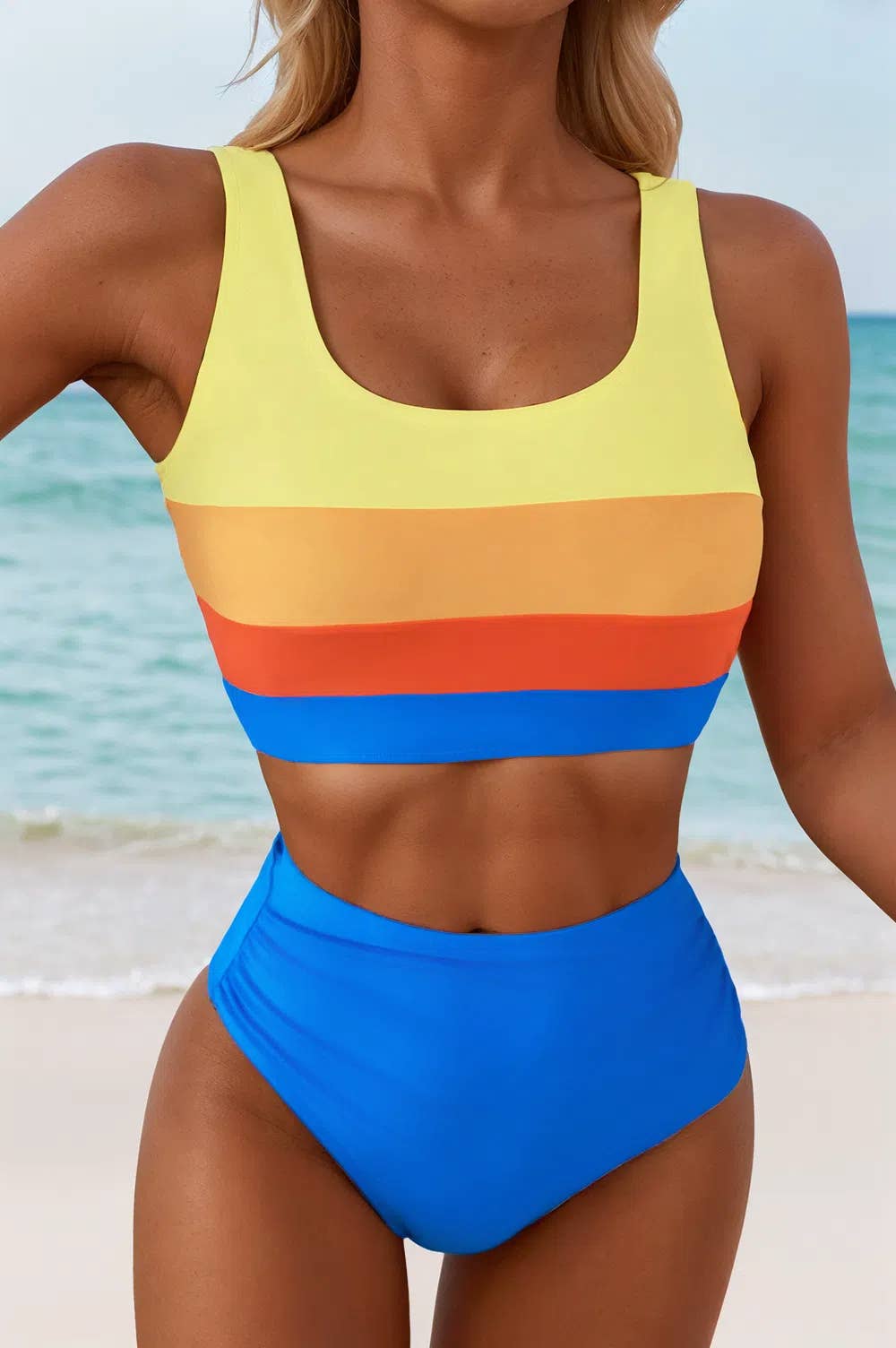 Colorblock Square Neck Top Pleated High Waisted Bikini*S-2XL