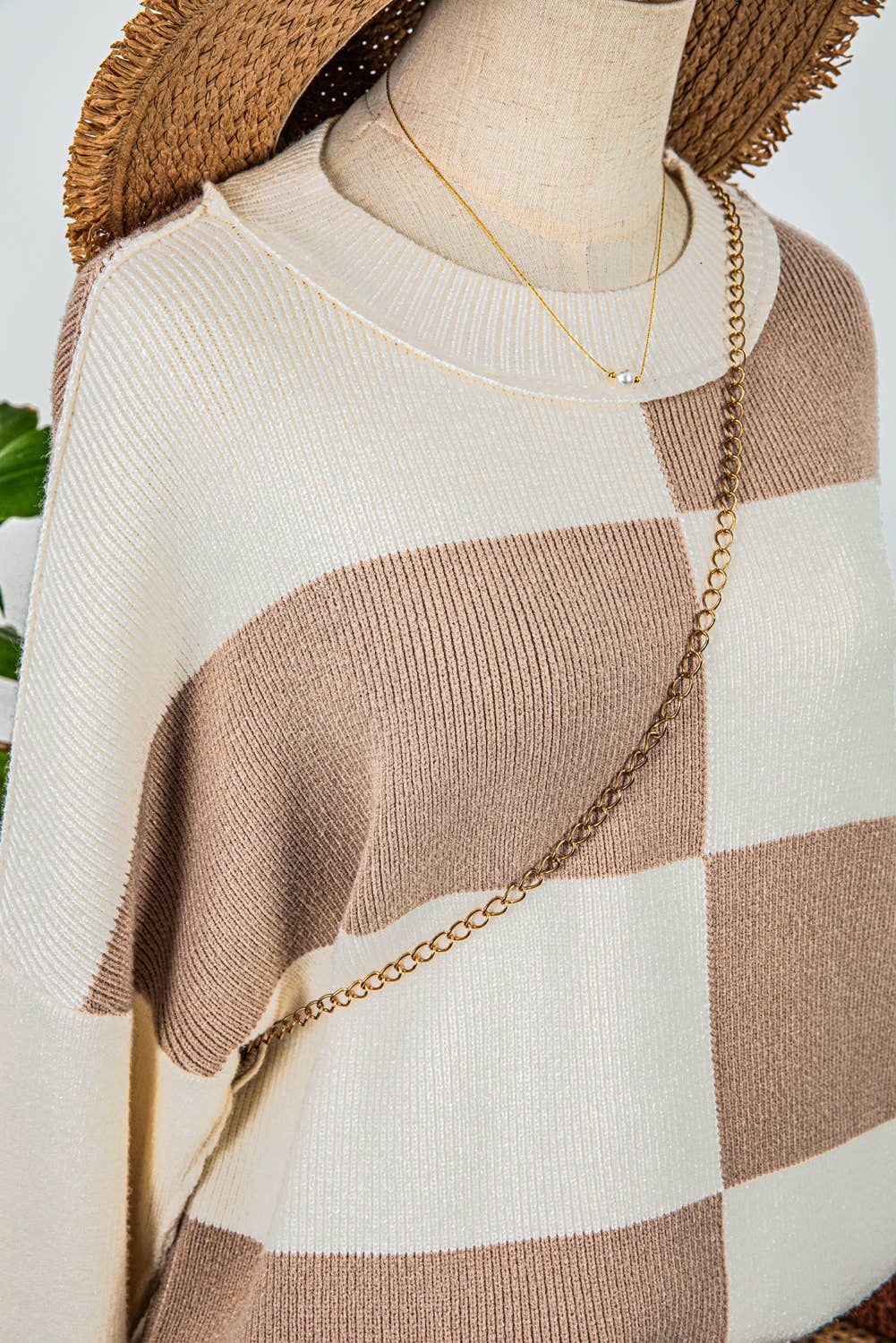Fashion Checkered Side Slits Drop Shoulder Oversized Sweater