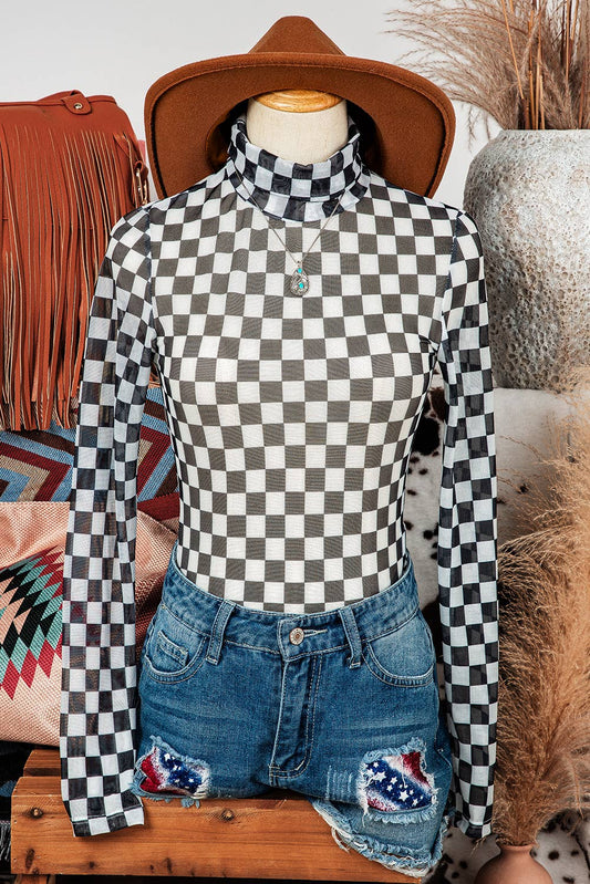 Fashion-W Checkered Long Sleeve High Neck Bodysuit