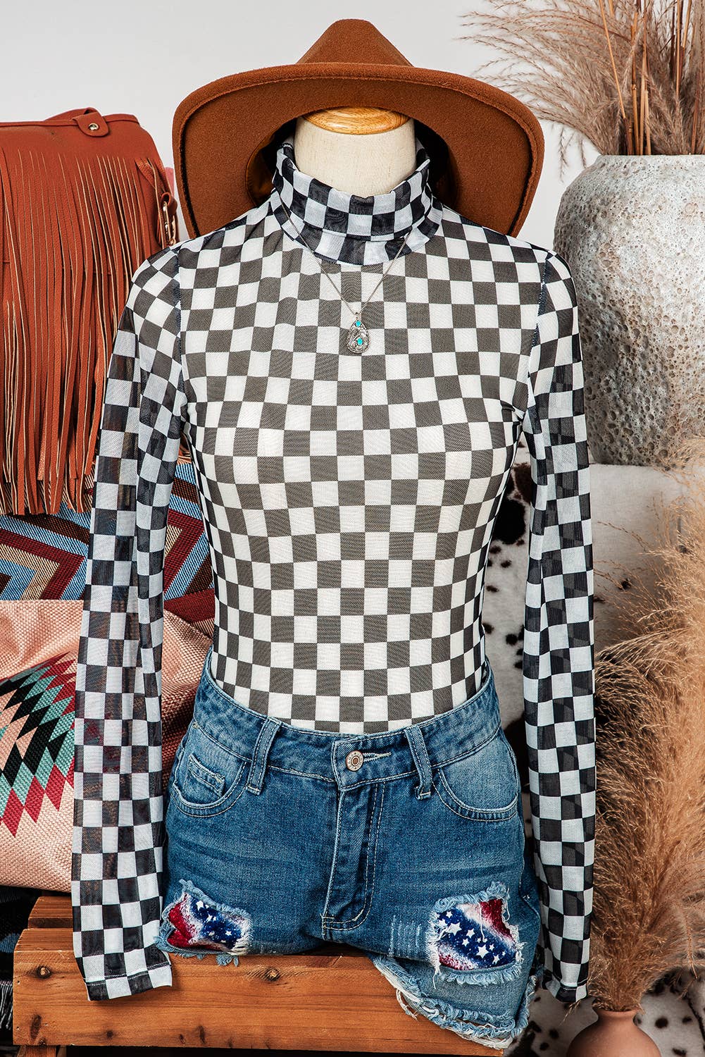 Fashion-W Checkered Long Sleeve High Neck Bodysuit