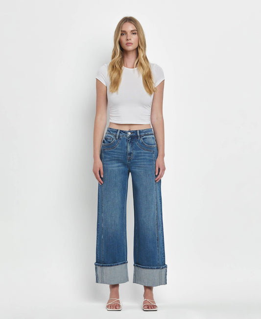 SUPER HIGH RISE CUFFED BAGGY WIDE JEANS F5856