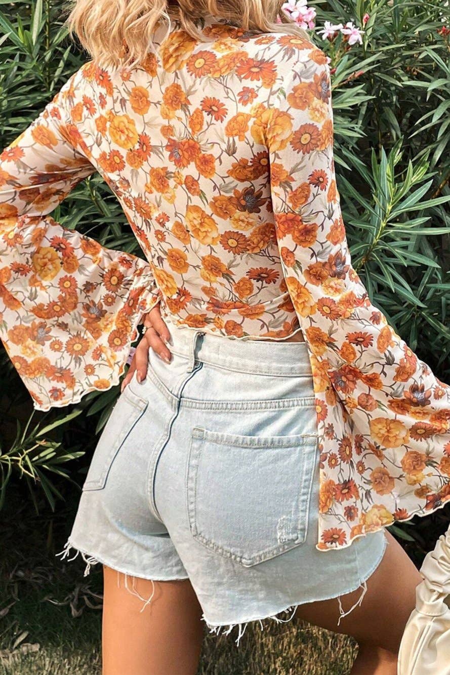 Floral Mesh Bell Sleeve Blouse
