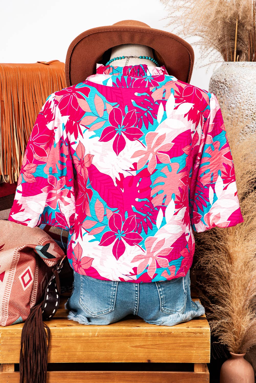Fashion-W Tropical Plant Printed V Neck Puff Sleeve Blouse