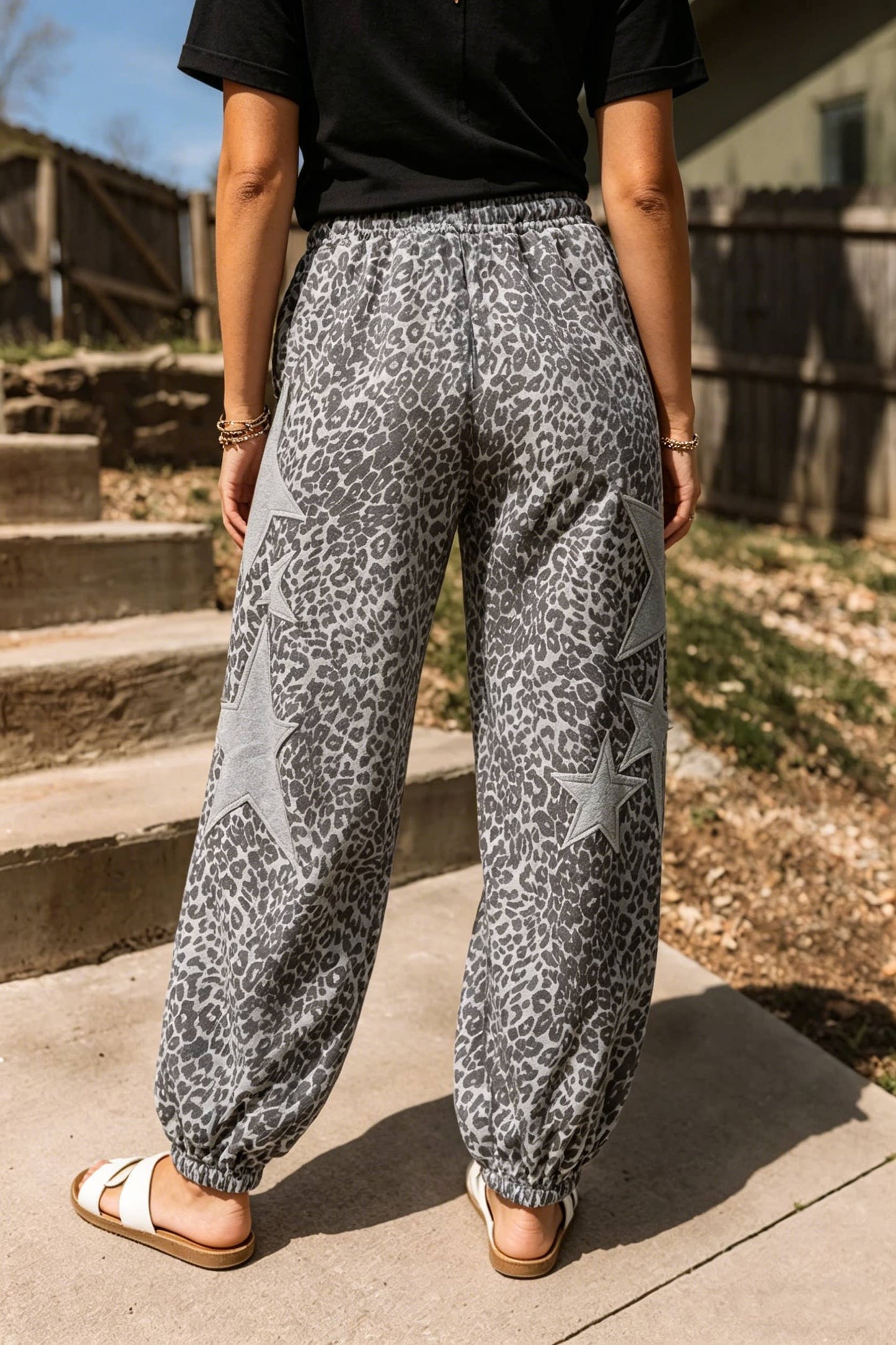 Western Leopard Star Patched Drawstring Jogger Pants