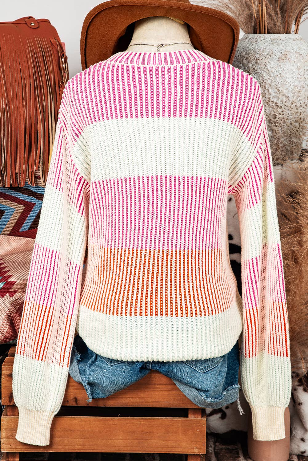 Fall Colorblock Textured Knit Bubble Sleeve Sweater
