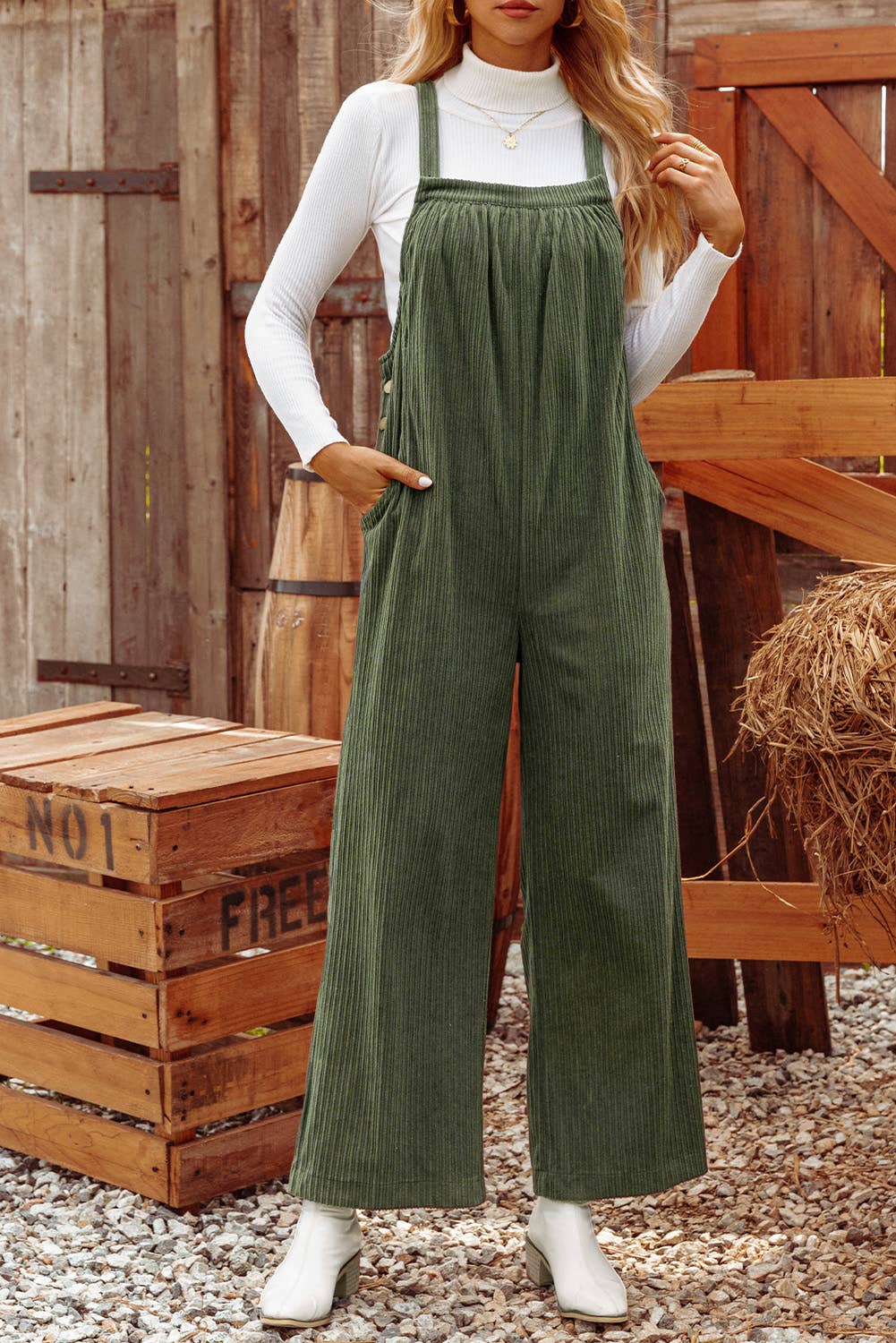 Fashion-W Fall Solid Pocketed Loose Fit Corduroy Overall