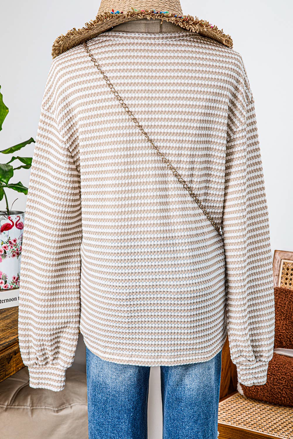 Fall Stripe Round Neck Drop Shoulder Long Sleeve Top*S-3XL