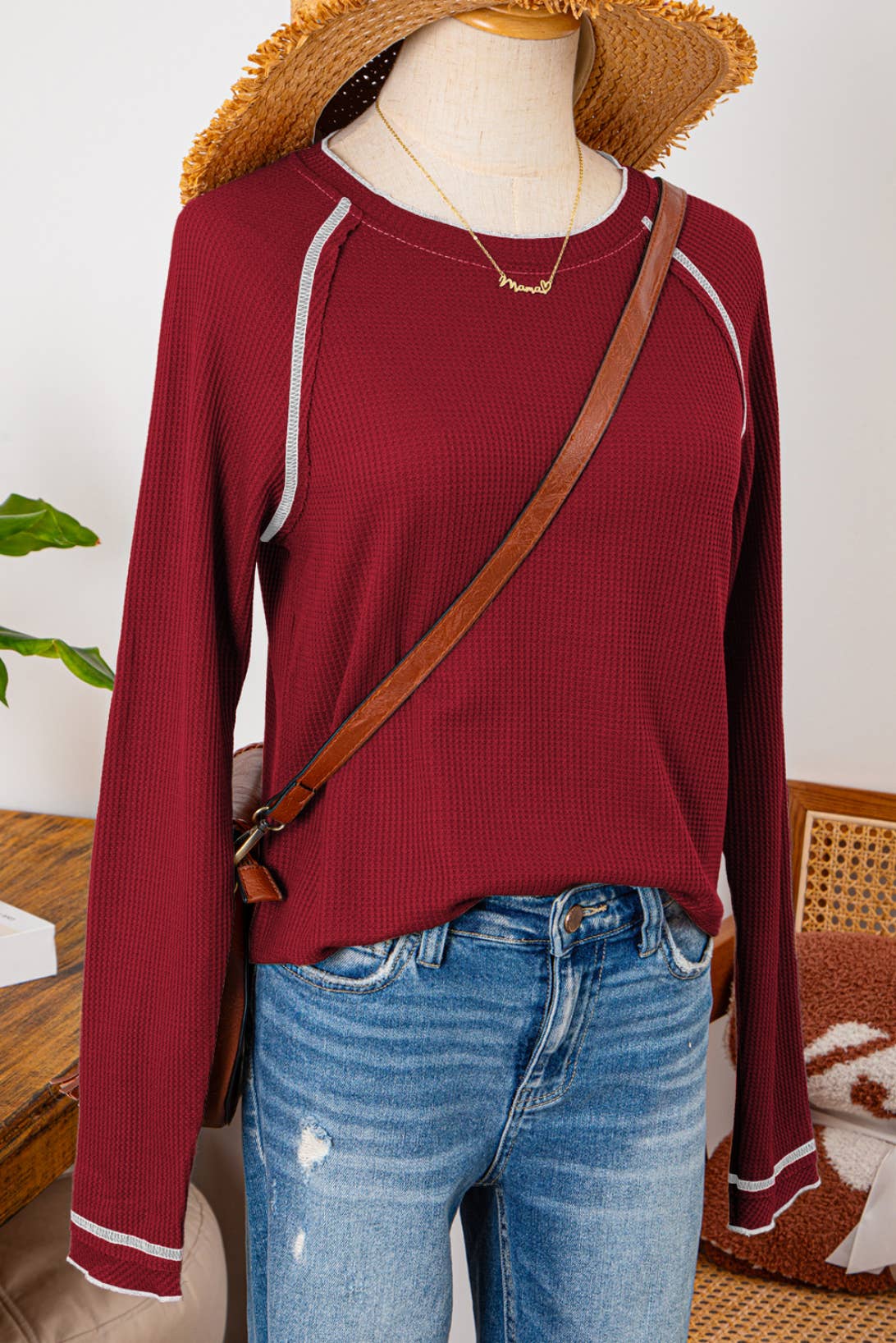 Fall Clothing Textured Round Neck Long Sleeve Top Blouse