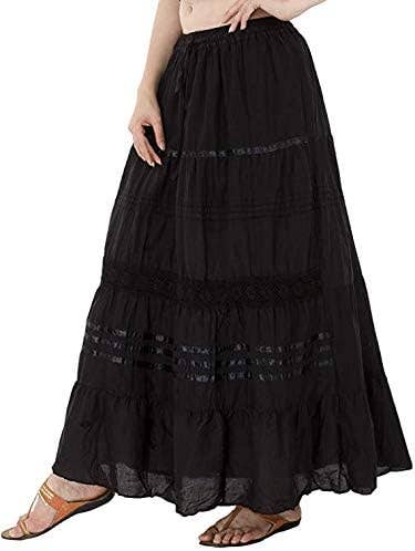 Womens Cotton Lace & Ribbon Tier Boho Long Maxi Skirt Black