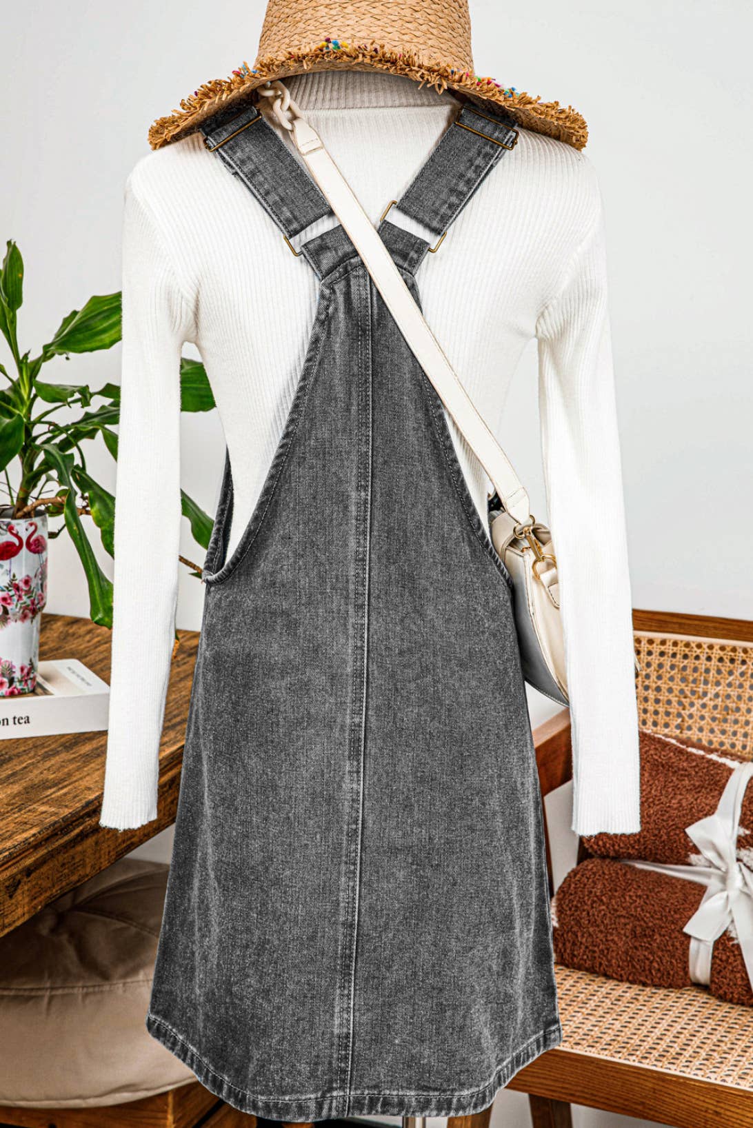 Western Wide Strap Button Front Pocketed Denim Mini Dress