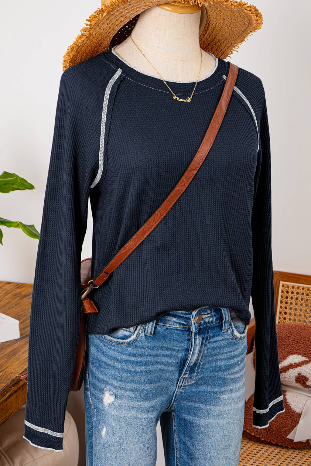 Fall Clothing Textured Round Neck Long Sleeve Top Blouse