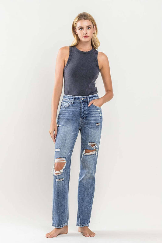 SUPER HIGH RISE DISTRESSED STRAIGHT JEANS Y3913
