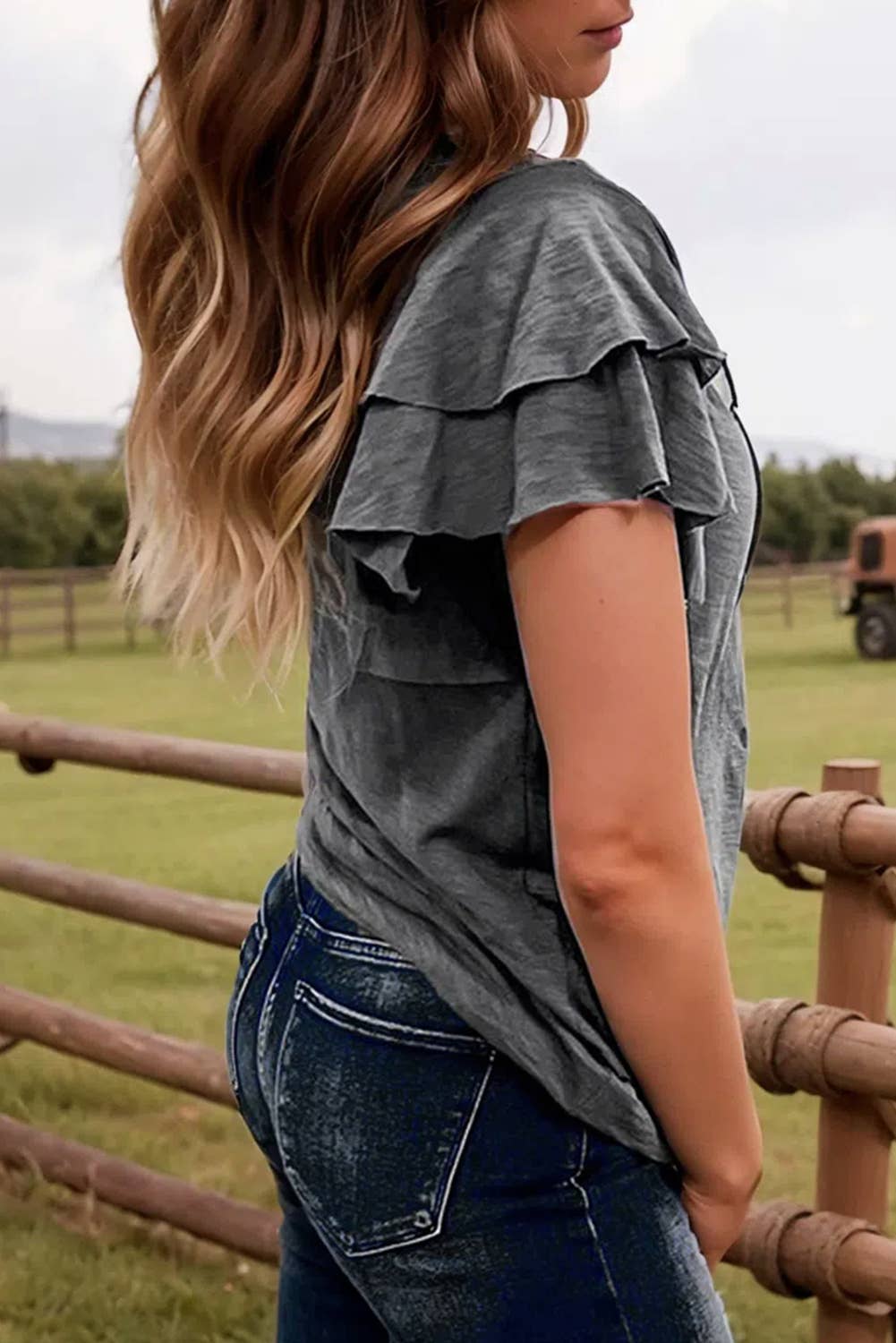 Fashion Western Layered Ruffle Short Sleeve Round Neck Top